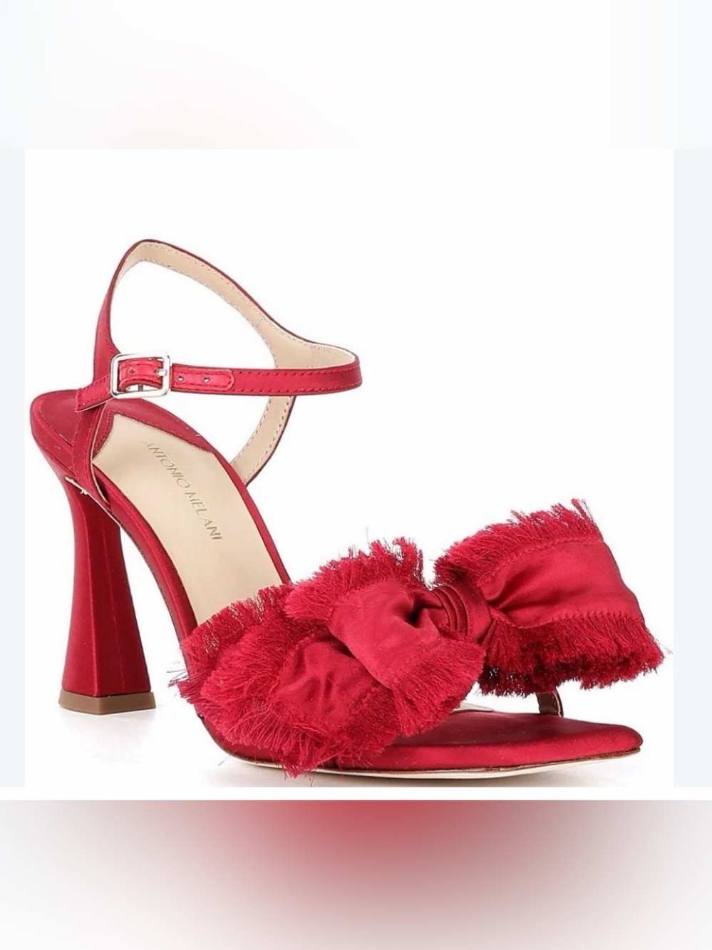 ANTONIO MELANI Zora Satin Frayed Red Bow Dress Heel Sandals